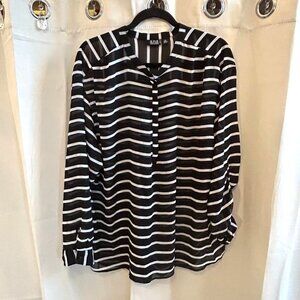 ANa Womens Top Size 2x Black Stripe Chiffon‎ Nautical Lightweight V Neck 17536